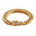 Shiny gold-plated titanium steel Cuban chain bracelet with 11.5mm width and crystal buckle - Gold with Stone