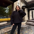 Women's black half-zip fleece jacket in a loose fit for autumn outdoor leisurewear - S / Black
