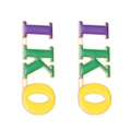 Detailed view of colorful enamel letter IKO vertical drop earrings in gold plating - Vertical IKO Letters Style / Purple Letters (01 kc Gold Letter DZ-432)
