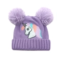 Bonnet en tricot licorne violet pour filles avec double pompons en fausse fourrure - M(48cm-52cm) / Violet