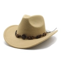 Close-up of khaki western cowboy hat showing wooden beads and ethnic style hat band - M (56-58cm) / Camel