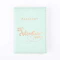 Detailed view of mint green PU leather passport cover with rose gold adventure text - Mint Green