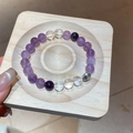 Macro shot of natural purple amethyst and clear quartz beaded bracelet on a wooden tray - Natural Stone Amethyst (With Gift Box)