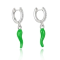 Detail of silver hoop earrings with pave diamonds and green chili pepper pendants - Green Chili (Platinum)