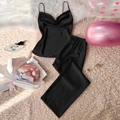 Elegantes schwarzes Eisseiden-Pyjama-Set mit Camisole und langer Hose für Komfort - S / Schwarz