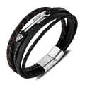 Bracciale multistrato in pelle da uomo con ciondolo a freccia argento e chiusura magnetica - Bracciale in Pelle a Freccia Multistrato Nero Marrone