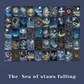Vintage 50-piece stickers set featuring celestial moon and forest themes in deep blue - The Sea of Stars Falling