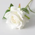 Single white velvet artificial rose stem with realistic petals and green leaves - White