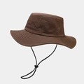 Brown wide brim sun hat with mountain embroidery and adjustable chin strap for outdoors - M (56-58cm) / Coffee