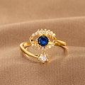 Gold plated evil eye open ring with olive branch design and blue zircon stones - Multi-layer Pave Evil Eye (Q-J088) / Gold
