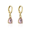 Detail view of gold-plated drop earrings featuring pear-cut pink zircon stones with reflections - Pink