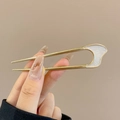 Elegant gold U-shaped hair pin featuring white marble textured enamel finish - Enamel Curved - White
