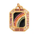 Golden rectangular pendant with pink stones and a colorful zircon rainbow design - M076995-4 Black Enamel Rainbow