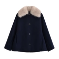 Cappotto invernale in lana blu navy con collo in pelliccia beige e design monopetto - XS / Blu navy