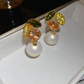 Elegant gold bow earrings with colorful gemstones and white hanging pearls set - Silver Pin Zirconia Pearl Stud Earrings