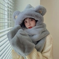 Set 3 in 1 sciarpa con cappuccio orecchie d'orso e guanti in peluche grigio - Versione Ispessita / Blu grigio