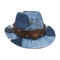 Denim patchwork kid's fedora hat with floral band and heart rhinestone buckle - Kids Size / Denim Large Heart Style / Light Blue