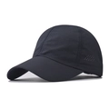 Detailed close-up of the breathable mesh fabric and panel stitching on the black hiking cap - Adjustable / Navy Blue
