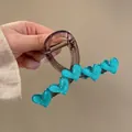 Deep coffee hair claw clip featuring gradient sea blue pearlescent hearts for women - 8cm / Lake Blue