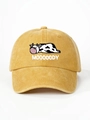 Detalle de gorra de béisbol de pana amarillo mostaza con bordado de vaca Moooody - Amarillo