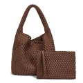 Handwoven brown shoulder bag and matching pouch set with premium woven texture - Dark Brown