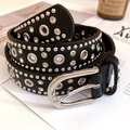 Black punk style belt featuring silver studs, rhinestones and metal eyelets decoration - 33# Waist Chain - Black
