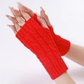 Bright red cable-knit fingerless gloves with thumb hole for winter warmth and style - One Size / Red