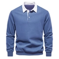Detail of blue polo sweatshirt featuring a white contrasting collar and ribbed cuffs - Denim Blue