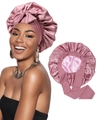 Detail showing the inner lining and pink satin texture of the women's bow sleep cap - M / Dusty Rose