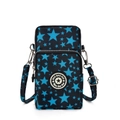 Vertical phone crossbody bag featuring blue star patterns and dual zipper compartments - Blue Star