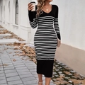 Slim fit black and white striped V-neck knit midi dress with long sleeves for women - S / Black