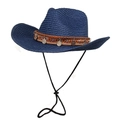 Women's western straw cowboy hat in navy blue with ethnic band and coin charms - M (56-58cm) / Navy Blue