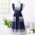 Dark blue cotton apron with white lace floral embroidery and ruffled shoulder straps - Navy Blue (Lace Solid)