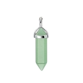 Macro shot of green hexagonal crystal pendant with polished silver metallic bail - Moon Charm / Green Aventurine