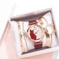Close-up of women's quartz watch and bracelet set with red cat motif in a gift box - Watch + Bracelet + Box / Red