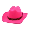 Neon pink felt cowboy hat with brown leather band featuring a metal bull head ornament - Rose Red (Bull Head)