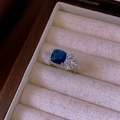 Elegant silver ring featuring a large square blue sapphire and ribbon bow zircon accents - 67# Ring - Silver - Sapphire Blue Square