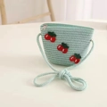 Kids light green straw crossbody bag with cherry embroidery for summer vacations - Cherry Bag / Green