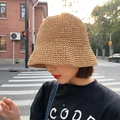 Women's foldable khaki straw sun hat with tight weave texture for summer beach protection - One Size / Solid Color Bucket Hat - Khaki