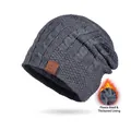 Winter dark grey cable knit hat with thickened fleece lining and leather sport patch - Gray