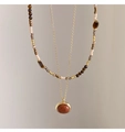 Close-up of layered necklace with tiger eye beads and shimmering goldstone pendant - Gold Brown Double Layer Gold Sandstone Style (4#)