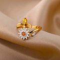 Adjustable gold ring featuring a bee and sunflower design with sparkling gemstones - Gold Bee Sunflower