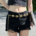 Adjustable golden heart chain belt with vintage embossed texture on metal buckles - Gold Heart K0117B