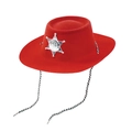 Classic red felt cowboy hat with silver sheriff star and black-white chin cord - One Size (58cm) / Red