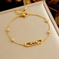 Vintage French titanium steel gold bracelet with three sliding zircon crystals - Hollow Oval Triple Stone Bracelet (B1509)