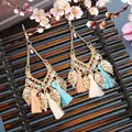 Detail of Bohemian long tassel earrings with metallic leaves and colorful beads - Colorful Beaded Tassel (H3674)