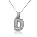 Detailed view of silver letter D pendant with micro-pave cubic zirconia on a box chain - Letter D (DX34-D)