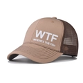 Detail view of khaki trucker hat with WTF Where's the Fish print and brown mesh back - Adjustable / WTF Khaki