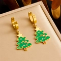 Golden hoop earrings with green enamel Christmas tree charms on a jewelry cushion - E6124