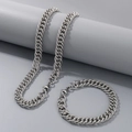 Conjunto de collar y pulsera de cadena cubana de acero inoxidable plateado para hombres - Pulsera 20cm + Collar 45cm / Conjunto de Joyas Color Acero